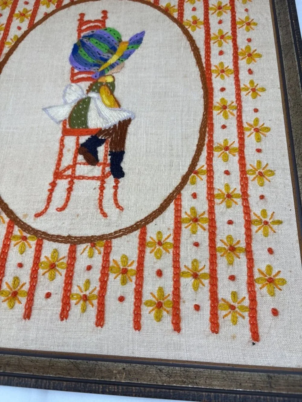 Framed Embroidered Girl on Chair Hat Bow Folk Art Wall Decor 21